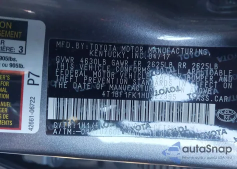 2017 Toyota Camry Se из США, поврежденный, VIN 4T1BF1FK1HU422395